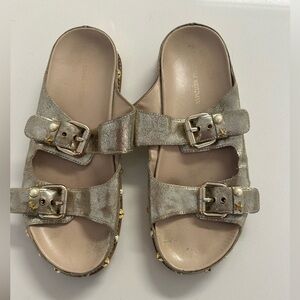Stuart Witzeman Gold Buckle Slide Sandals with Pearl & Star Embellishments 8